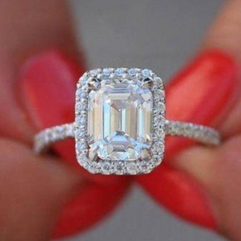 NEW 925 Sterling Silver Radiant Diamond Halo Ring